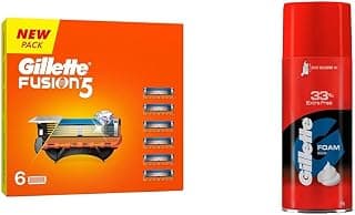 Gillette Men Fusion Shaving 5-Bladed Cartridges (Pack of 6) & Classic Regular Pre Shave Foam, 418g with 33% Extra Free