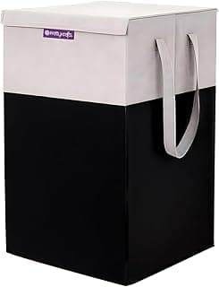 PrettyKrafts 75 L Non Woven Printed Rectangular Foldable Large Laundry Bag/Basket With Lid & Handle, Freestanding Clothes Storage Organizer for Bedroom, Dorm (36x36x53cm, Black, Set of 1)
