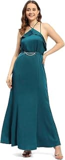 Madame Halter Neck Metal Accented Belt Teal Maxi Dress