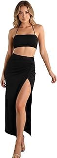 GRECIILOOKS Women Two Piece Co-Ord Set | Crop Top & High Slit Maxi Skirt | Party Look Stylish Summer Co Ord Set Outfit | Figure Hugging Maxi Dress|Perfect for Casual Outings