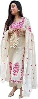 GoSriKi Kurta Sets for Women Viscose Embroidered | Kurta Pant Dupatta Set | Straight Kurti Set for Women | Round Neck 3/4 Sleeve Ethnic Suit | Designer Indian Kurti Outfit with Pants