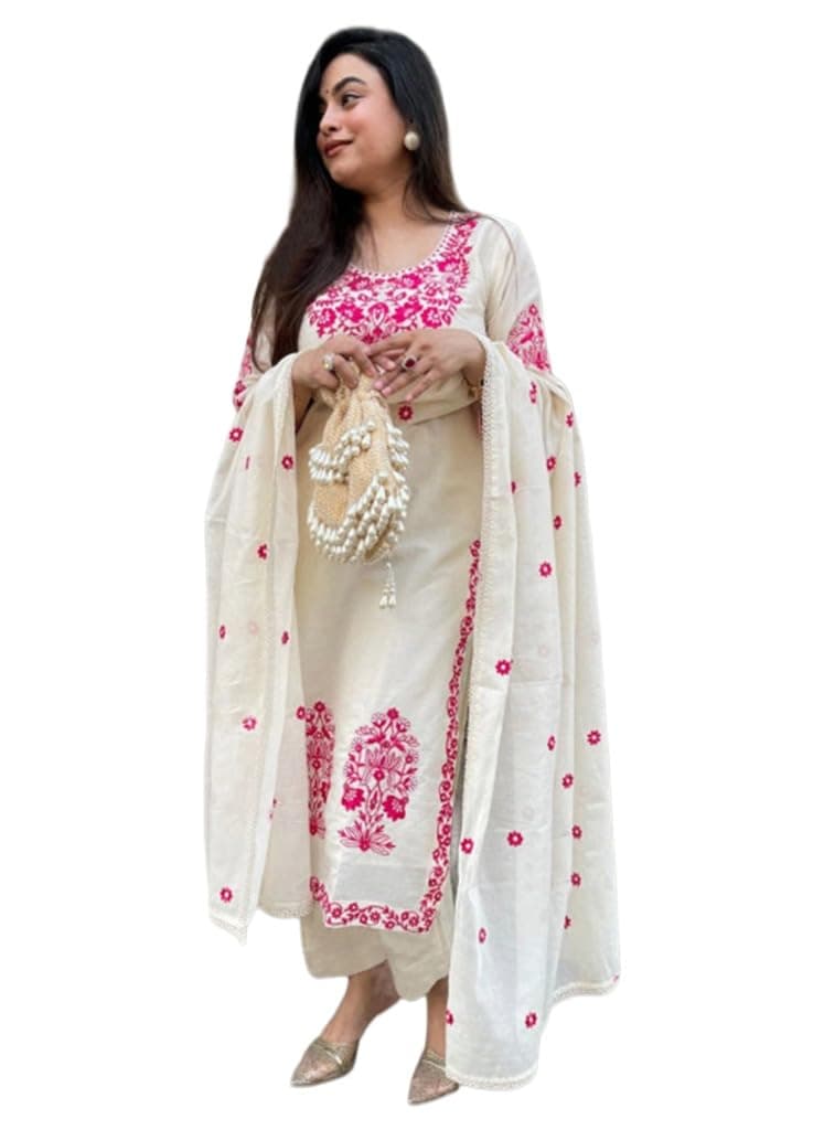 GoSriKi Cotton Blend Kurta for Women | Kurta with Pant & Dupatta | Straight Embroidered Suit | Indian Ethnic Outfit Office Party Wedding Clothing Fashion Premium Traditional Style Look 3 Piece