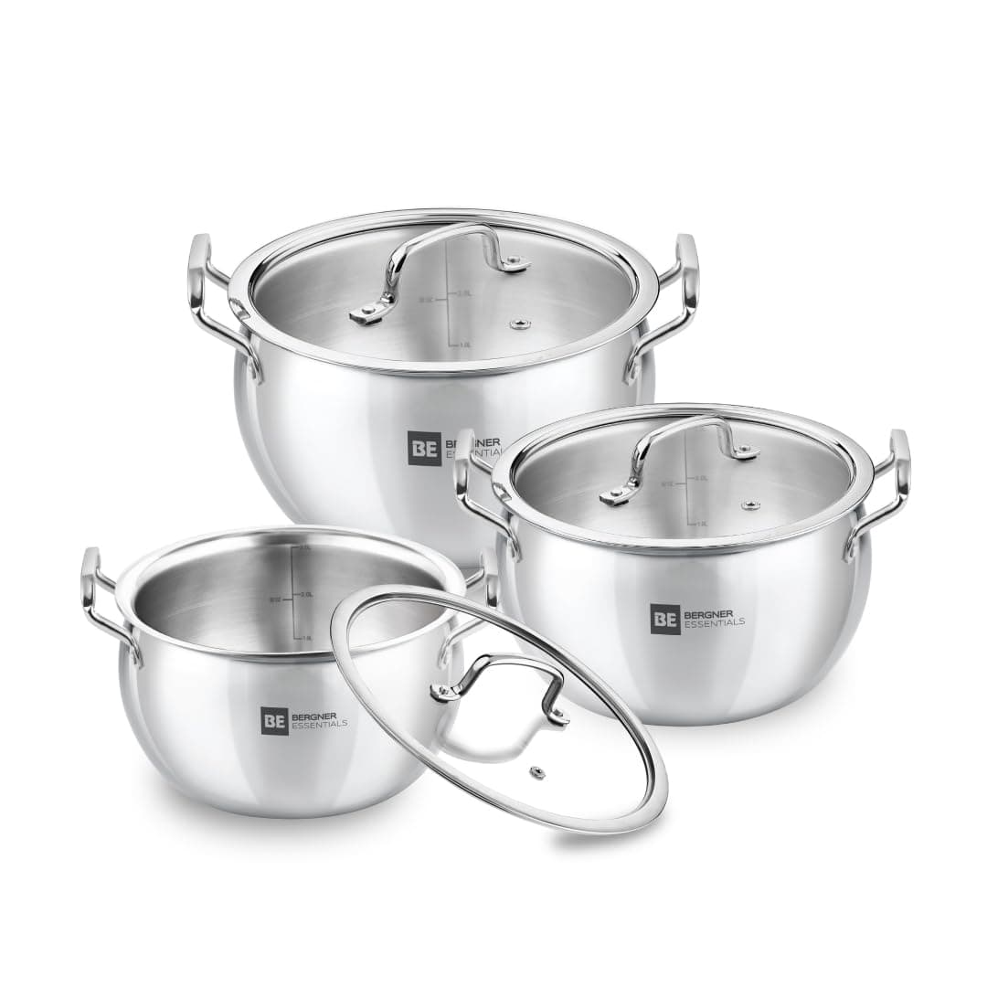 Bergner BE Essentials TriPly Stainless Steel 3 Pcs Rice Handi Set - 16cm / 2L, 18cm / 3.2L, 20cm / 4.2L with 3 Flat Glass Lids, Less Oil Use, Even Heat Distribution - Induction Bottom, Gas Stove Ready