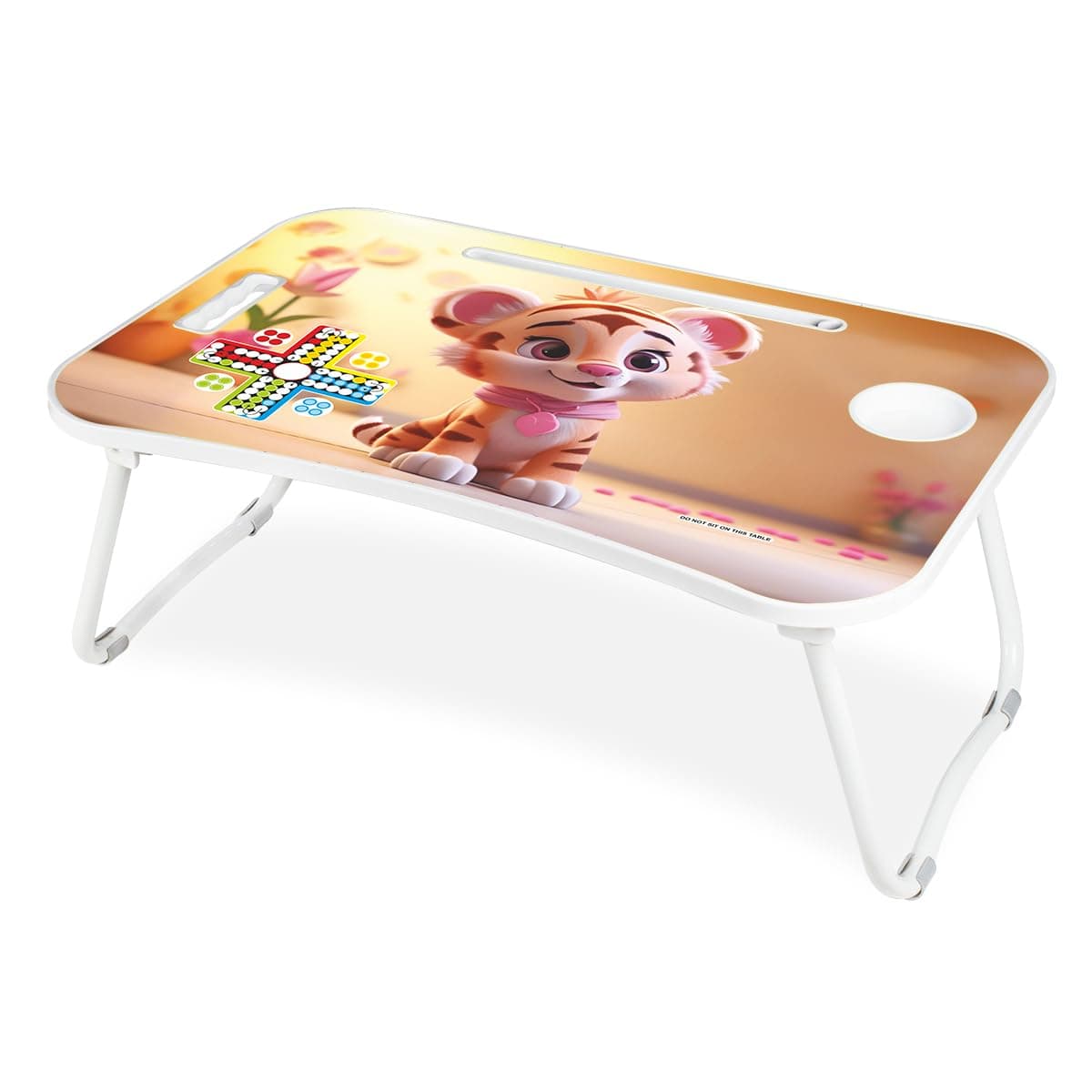 Amazon Brand - Jam & Honey Foldable Laptop Table for Kids 4+ Years, Portable Study Bed Desk with Cup Holder, Tablet Stand & Ludo Game, Cute Lion Design, BIS Certified Child Safe