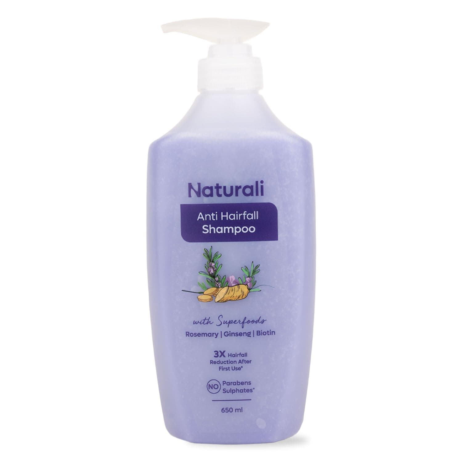 Naturali Anti-Hairfall Shampoo with Rosemary, Korean Ginseng & Biotin | Proven 3x Lesser Breakage from 1st Use | Promotes Hair Growth | Sulphate & Paraben Free Everyday Shampoo For Women & Men | 650 ml