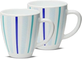 Larah by BOROSIL Blue Strip Opalware Mug | Set of 2 Pcs Tea/Coffee Mugs, 400 ml Each | Microwave & Dishwasher Safe, Bone-Ash Free | Crockery Set Ideal for Daily Use & Gifting | White