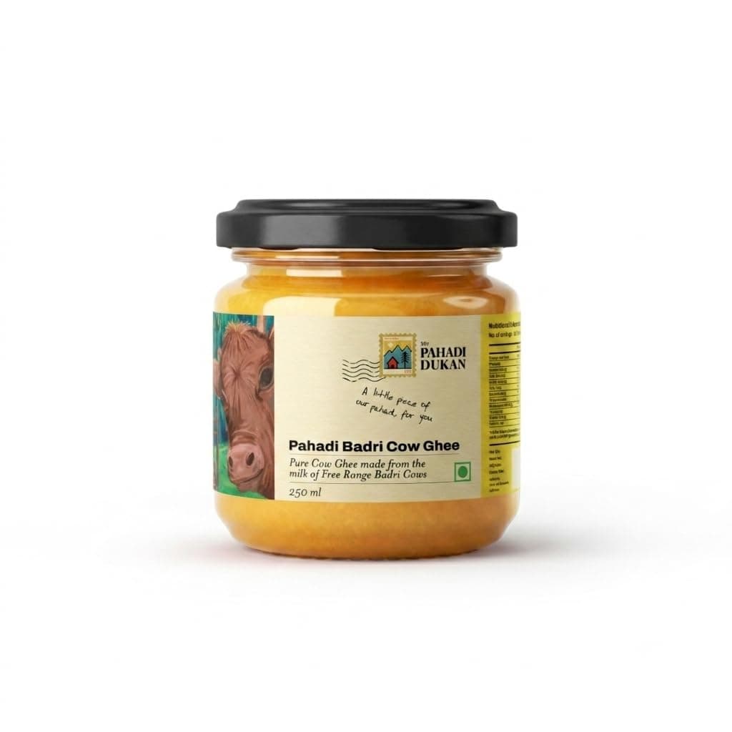My Pahadi Dukan A2 Badri Cow Ghee 250ml, Traditional Himalayan Bilona Desi Ghee, Free-Range Uttarakhand Pahadi Cows, No Additives, Pure Traditional Ghee, Certified Glyphosate-Free ghee, Glass Bottle