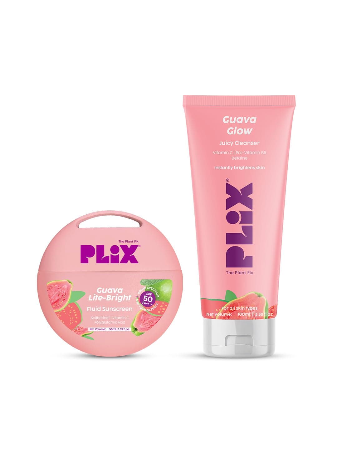 PLIX THE PLANT FIX Guava Glow Combo | Juicy Ceanser + Fluid Sunscreen | Promotes Hydration & Skin Brightening | SPF 50 PA ++++ | Non-Greasy Sunscreen | For Men & Women