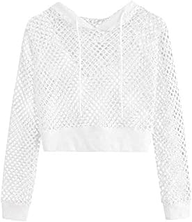 Talitha Fashion Women's Mesh Fishnet Crop Hoodie – Trendy See-Through Summer Net Top – Stylish Drawstring Pullover Sweatshirt for Casual