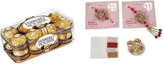 Vending India X Ferrero Rocher - T16 (16 pieces) w/Designer has Rakhi Of your Choice - With Roli, Chawal, Chandan & Mishri in a Rakshabandhan Card (Bhaiya Bhabhi Mirror Rakhi (VI-RAK-21))