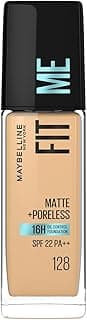 Maybelline New York Liquid Foundation For All Skin Type,Full Matte Finish, With SPF, Absorbs Oil, Fit Me Matte + Poreless, 128 Warm Nude, 30 Ml