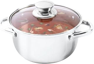 Wonderchef Nigella Stainless Steel Casserole with Lid | Cook and Serve | Tri-ply Construction | Scratch & Chip Resistance | Extra deep Curved Body | Glass Lid with Steam Vent | 16cm