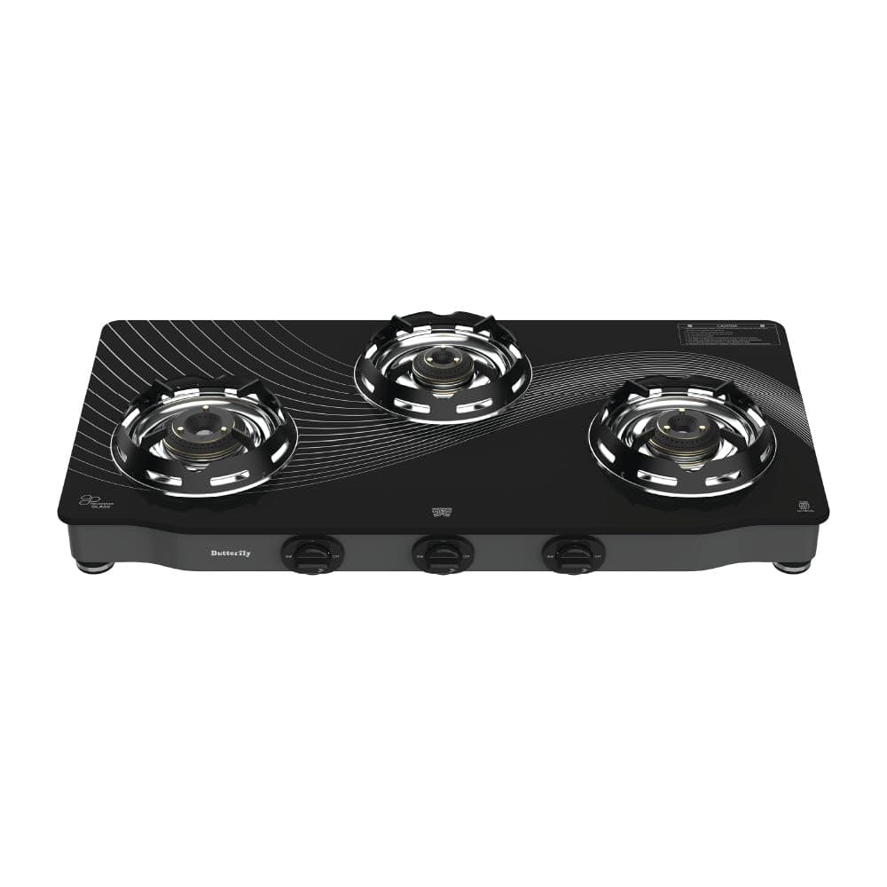 Butterfly Renz 3 Burner 3 Star Glass Top Gas Stove | Fan shield | Leak Proof European Valve | Rust Resistant Frame | Patented Lift Lock | 8mm Tempered Designer Glass | 2 Years Product Warranty