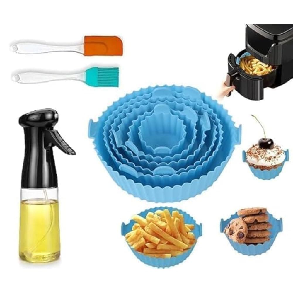 NEKIFACE 6 Pcs Round Reusable Non-Stick air Fryer Accessories Silicone Coating Pot Basket for Microwave Oven oil sprayer bottle and Oil brush And Spatula Set, 200 Millilitre, Multicolor