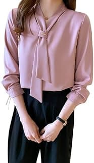 Women's Long Sleeve Bow Tie Neck Chiffon Fabric Blouse, Pink, White, V-Neck, Elegant Office Wear Style | Elegant Korean Style Relaxed Fit Shirt Top