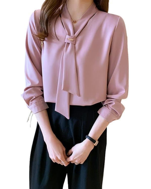PINKHUB Women's Long Sleeve Bow Tie Neck Chiffon Fabric Blouse, Pink, White, V-Neck, Elegant Office Wear Style | Elegant Korean Style Relaxed Fit Shirt Top