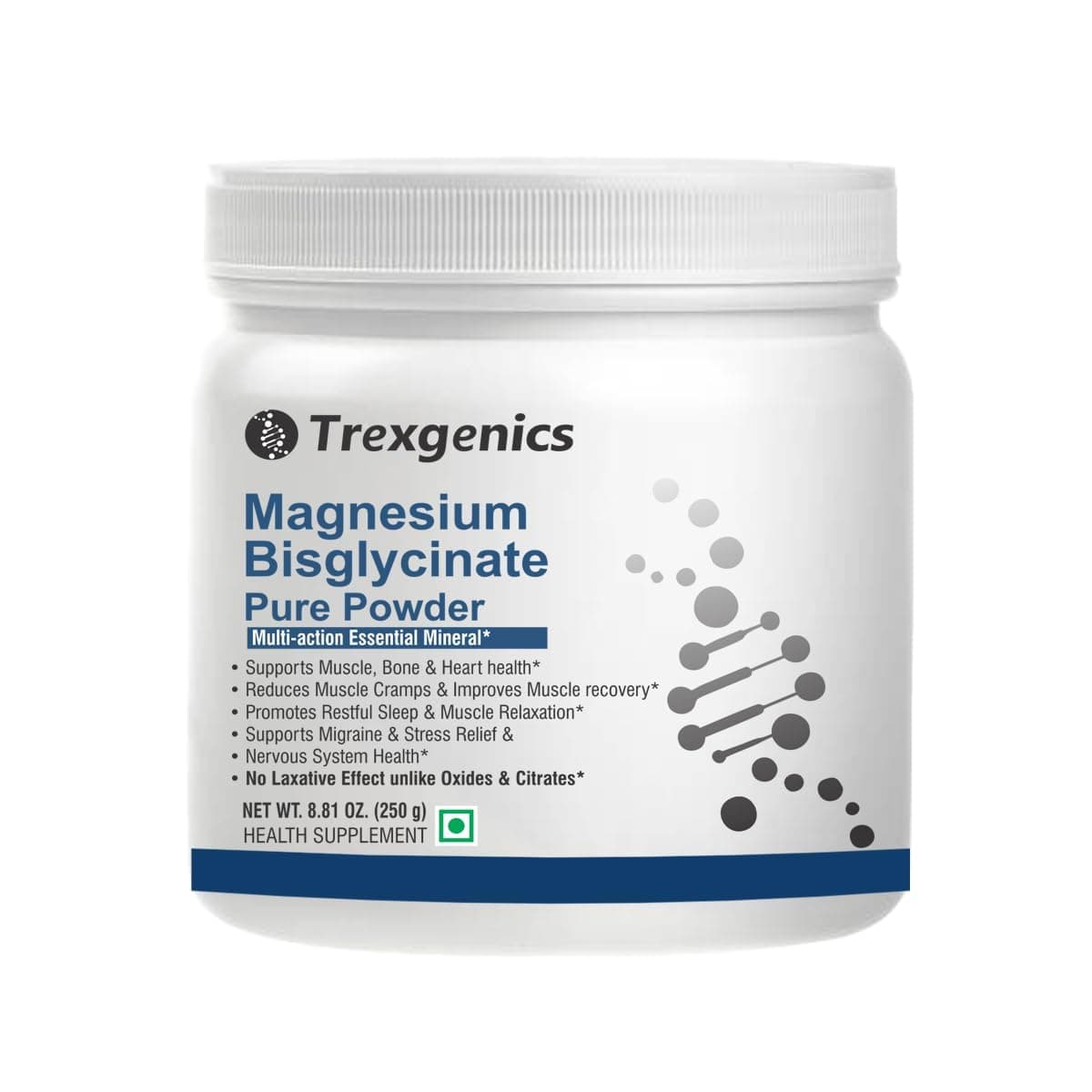 Trexgenics MAGNESIUM BISGLYCINATE PURE POWDER provides a highly bioavialble form of Magnesium, No Laxative effect, added benefits of the amino acid Glycine (Pack of 1)