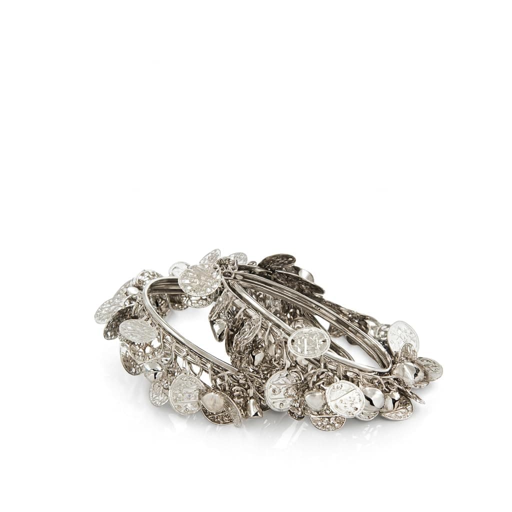 Oxidised Silver Coin Charm Bangles Set for Women | Antique Designer Kada Bracelets with Hanging Charms | Traditional Ethnic Jewellery for Girls & Women
