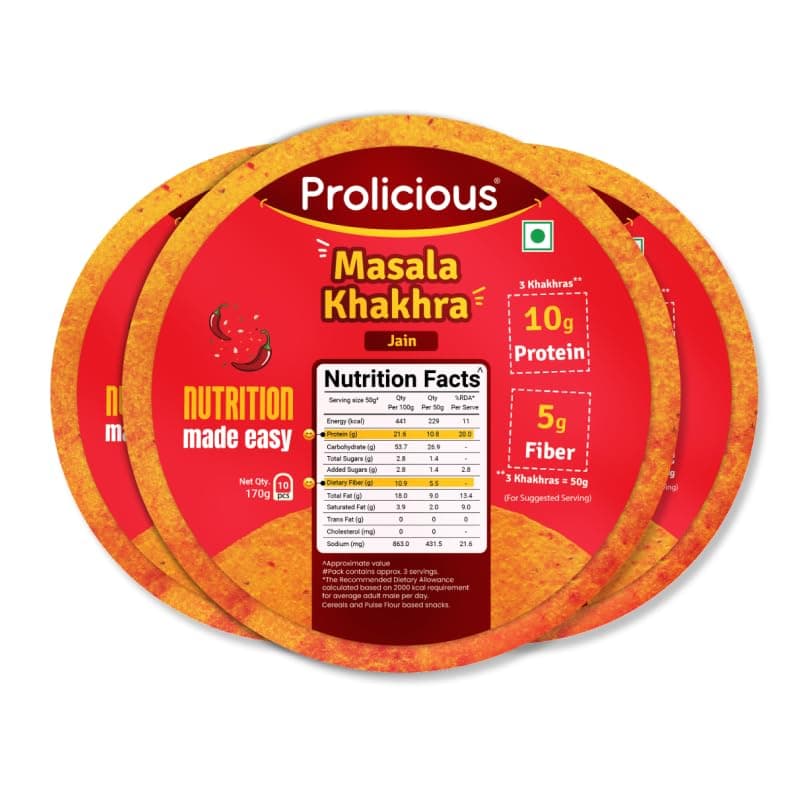 Prolicious High Protein Desi Masala Khakhra | NO Palm Oil | Crispy | Ready to Eat | Flavourful | Healthy Anytime Snack | 170 (Pack of 3)