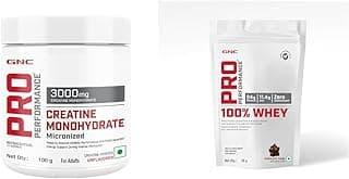 GNC Pro Performance 100% Whey Chocolate Fudge+Creatine Monohydrate Powder Combo-Builds Lean Muscles Promotes Faster Recovery Boosts Athletic Performance Hydrates Muscle Cells 35Gm / 100Gm Combo