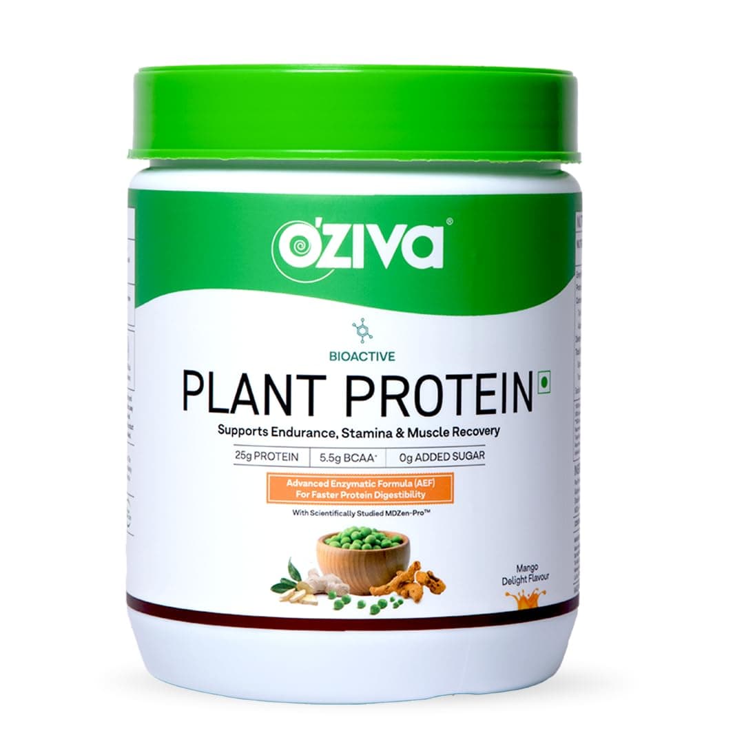 OZiva Bioactive Plant Protein (Mango), 500g | 25g Protein,5.5 BCAA| Pea Isolate| Plant based Protein Powder for Women & Men | Essential Amino Acids| Vegan Protein supplement, Clean, Sugar free.