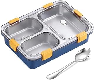 Clazkit 3 Compartment Stainless Steel Lunch Box, Leakage Proof Lunch Box for School Kids and Adults Pack of 1 Blue,750ML