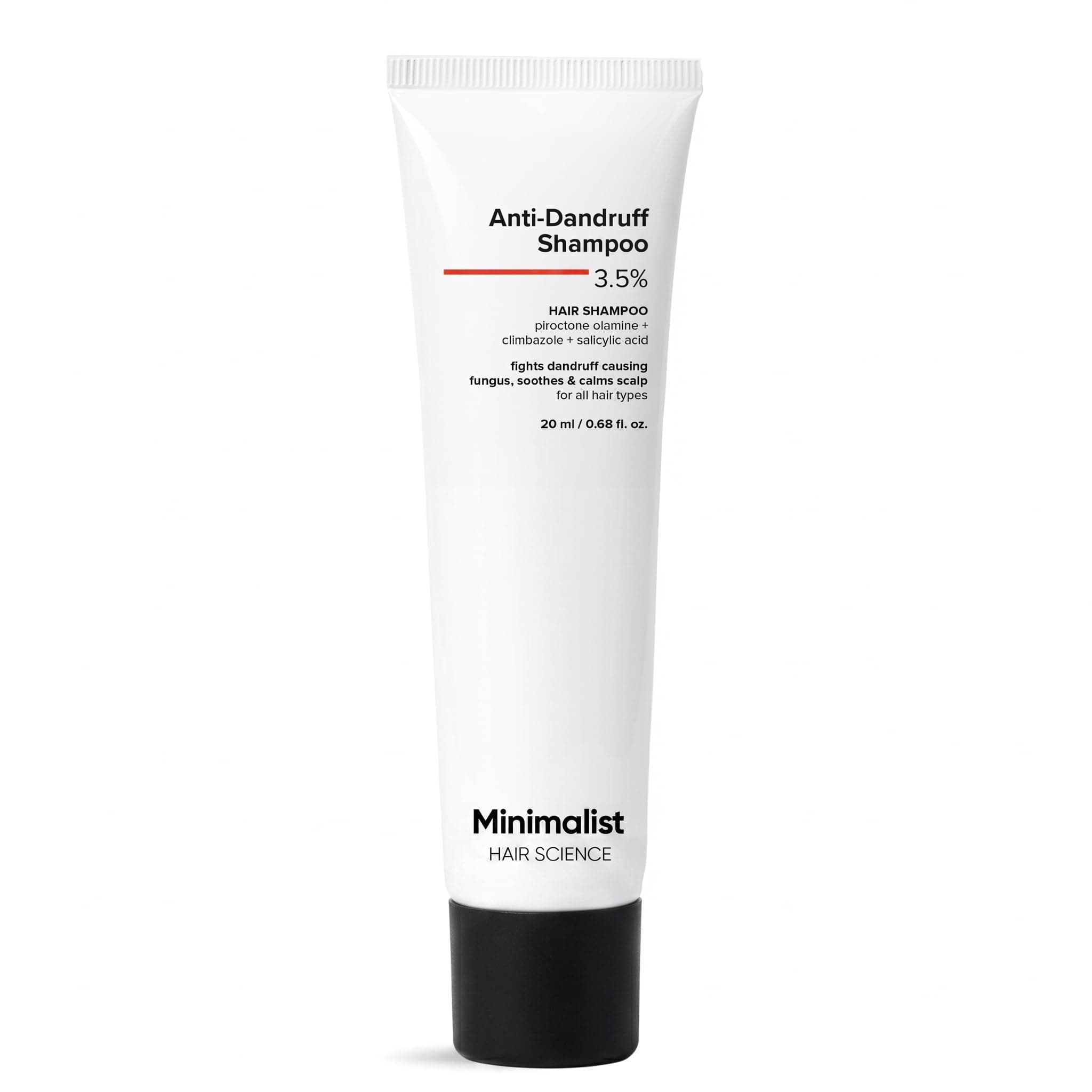 Minimalist Anti-Dandruff Shampoo | 3.5% Salicylic Acid, Climbazole & Piroctone Olamine | Reduces Flakes & Itchy Scalp | Sulphate-Free | Fragrance-Free | 20 ml