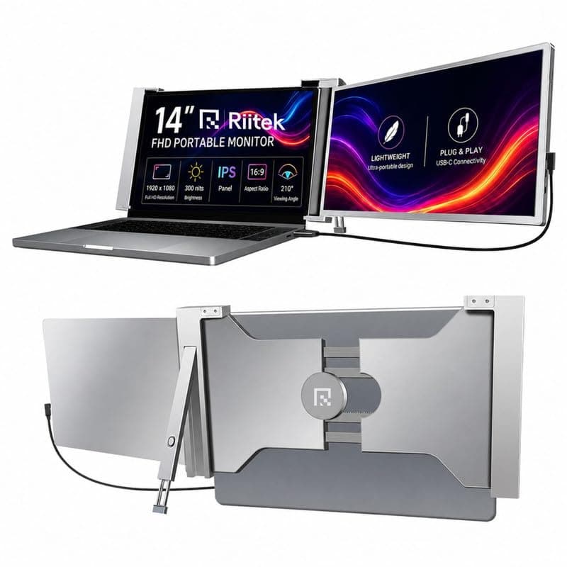 Riitek 14” Full HD IPS 1080P Portable Monitor Screen Extender with USB A, Type-C, HDMI Cable, Carry Bag for 14”-17” Laptop, Mac, Switch, Xbox One, PS5 (Screen Size - 14 Inch, Grey)