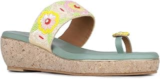 Inc.5 Womens Green Ethnic Embellished Round Toe Wedge Heel Sandals Heeled