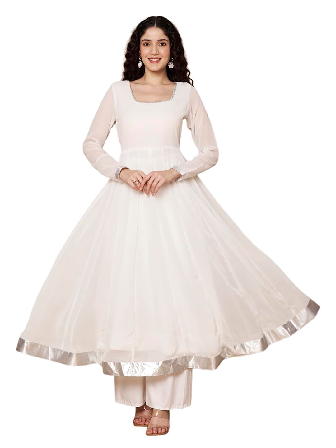 KZA Women’s Georgette Hand Embroidered Flared Anarkali Suit for Women | Full Sleeves Flare Anarkali Dress for Woman | Ethnic Flared Anarkali Kurta for Women
