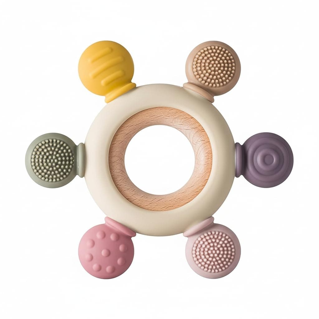 Silicone & Wooden Baby Teether for 3+ Months | BPA Free Soft Teething Toy | Safe Teether for Infants | Round Shape | Color - Beige