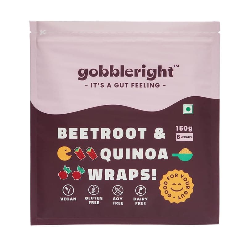 GOBBLERIGHT Beetroot & Quinoa Wraps 150g (6 Wraps - Pack of 1) | 67 Kcal Per Wrap | Healthy Frozen Multigrain Tortilla for Burrito, Shawarma, Tacos | Low-Calorie & High-Protein | Gluten Free & Vegan