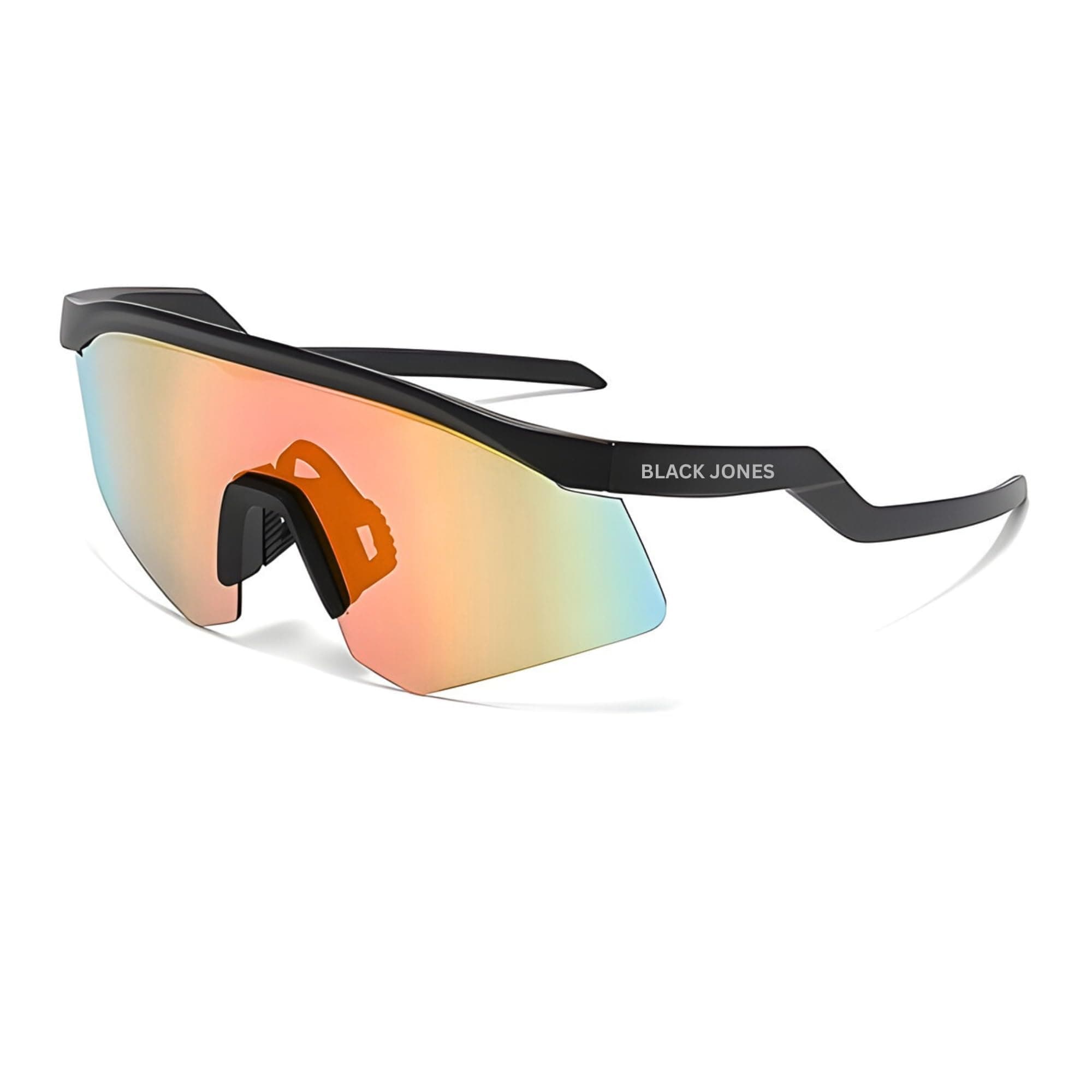 Black Jones Sports Sunglasses with Blue Mirror Lens, UV Protection, Black Frame, Lightweight Design for Running, Cycling and Outdoor Activities