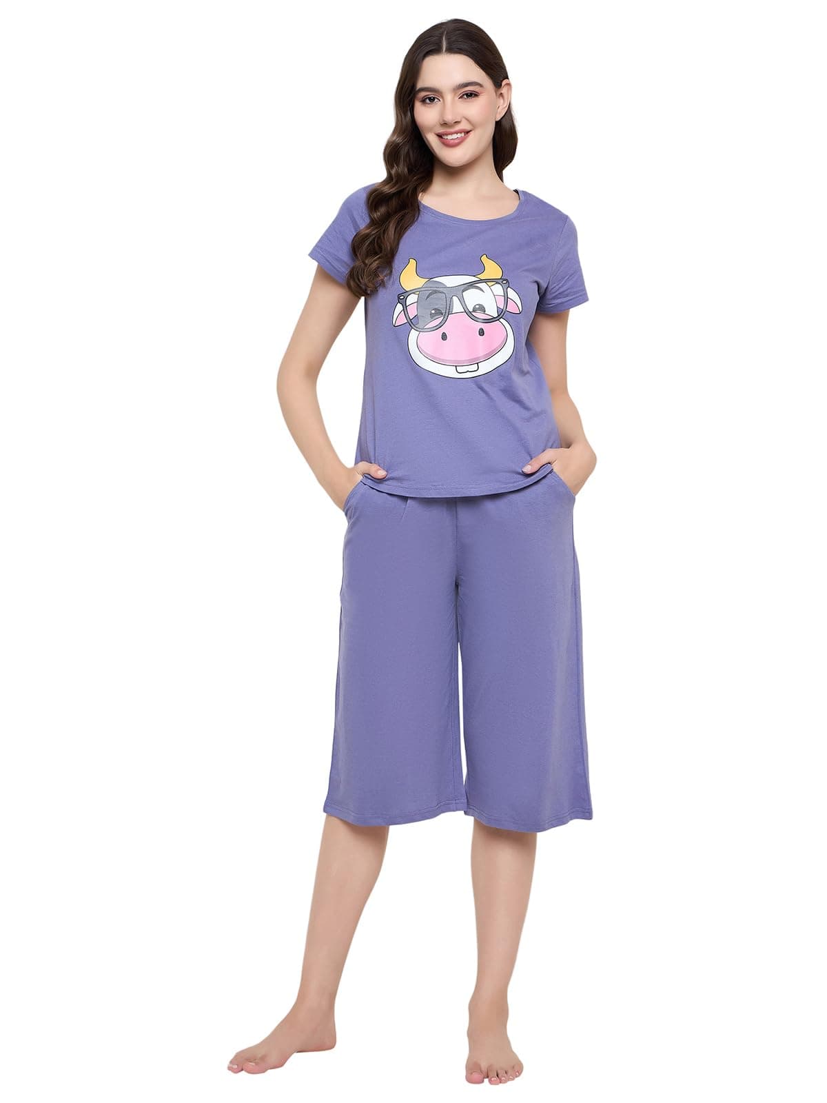 Clovia Women's Cotton Printed Top & Flared Capri Night Suit Set