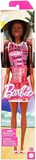 Barbie Fashion Doll with Straight Black Hair Wearing Removable Pink Tank Dress with Logo Print & Shoes