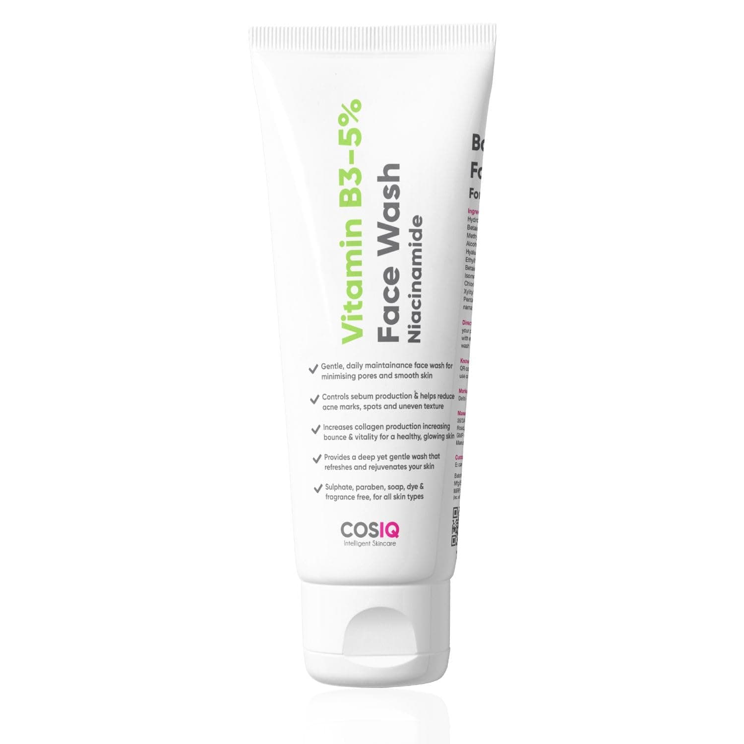Cos-IQ Vitamin B3-5% Niacinamide Face Wash for Smooth and Even Skin, Tan Removal & Glowing Skin, pH Balanced & Paraben Free (30 Days Pack, 100ml)
