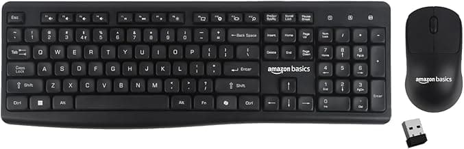 Amazon Basics Wireless Keyboard and Mouse Combo | 2.4GHz Wireless | Full-Size 104-Key Keyboard with ₹ Key | Low-Noise Typing | Compact Ergonomic Mouse | USB Receiver | Windows XP 7 8 10 11