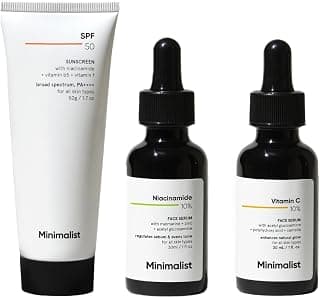 Minimalist Essential Bundle: 10% Niacinamide Serum with Zinc (30ml) for Oil Control & Acne + 10% Vitamin C Serum (30ml) for Dark Spots & Glow + SPF 50 PA++++ Sunscreen (50g)