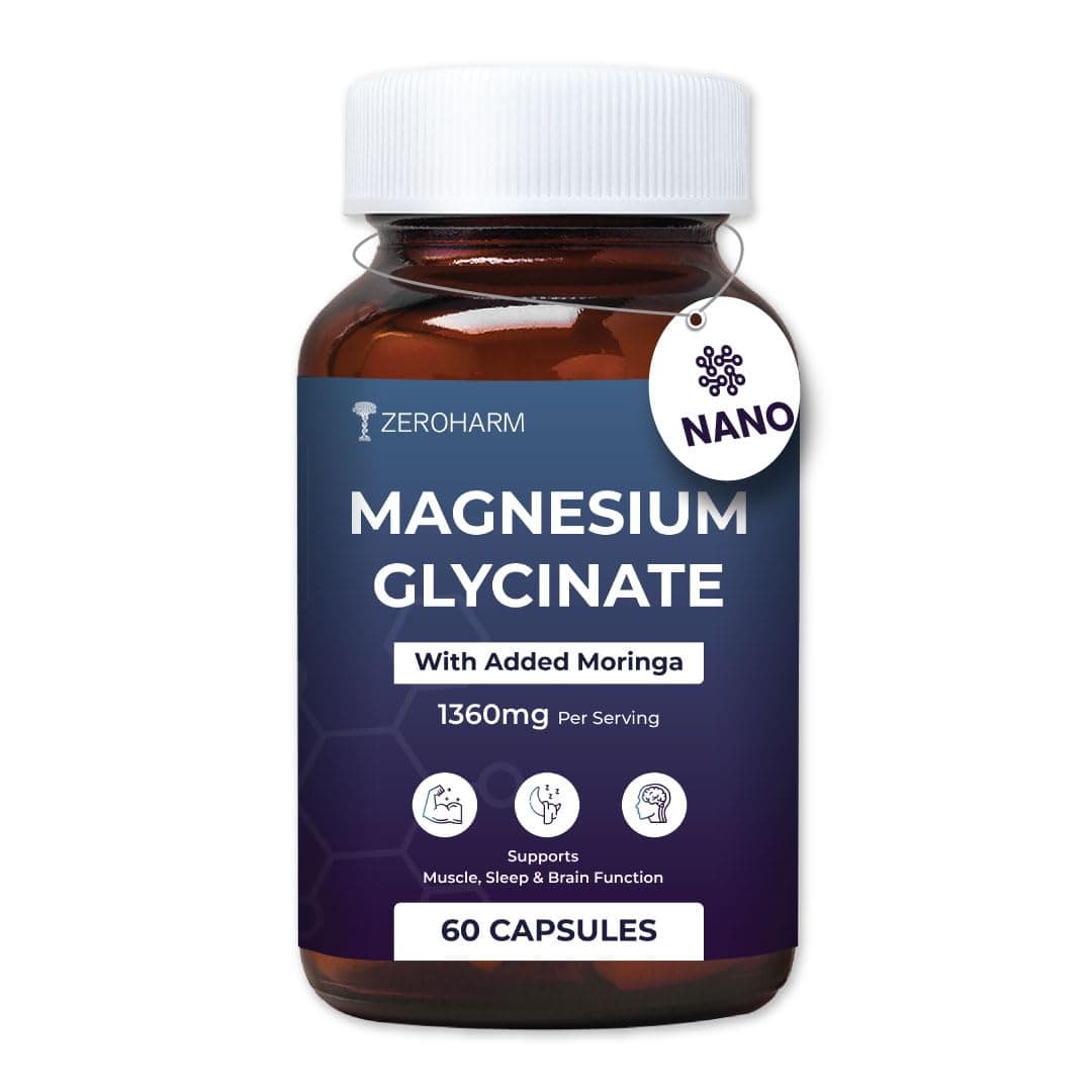 ZEROHARM Magnesium Glycinate Supplement | Plant-based Nano Magnesium Supplement with Moringa | Supports Muscle, Sleep & Brain Function | High Strength 1360mg (132mg Elemental) | 60 Veg Capsules