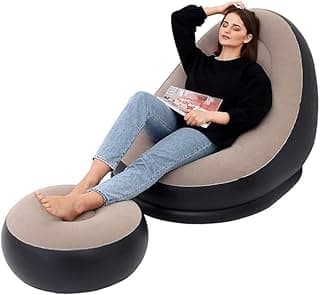 Pu, Plastic Inflatable Lounge Chair with Footrest 2-in-1 Air Sofa for Adults, Folding Portable Lazy Recliner with Pump for Indoor Living Room, Bedroom, Office, Outdoor Camping (Navy Blue)