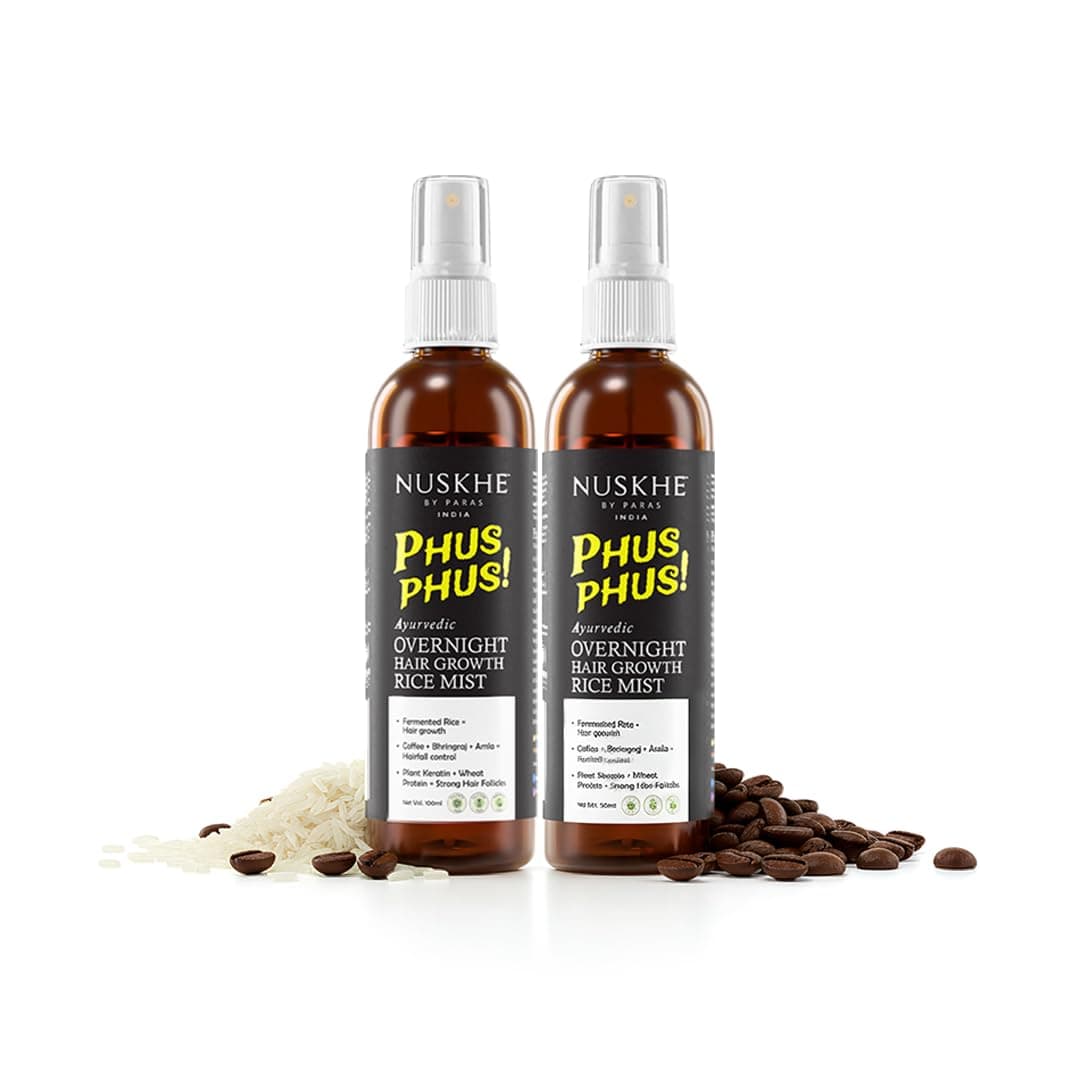 Nuskhe by Paras phus phus Ayurvedic Overnight Hair Growth Rice Mist Spray for men women – Fermented Rice Water with Coffee, Bhringraj & Amla for Stronger, Thicker Hair, Hair Fall Control & Scalp Nourishment – 2 Pack (100 ml)