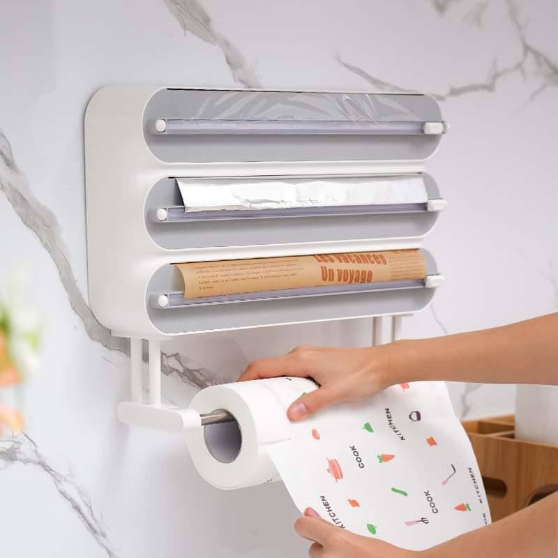 DOCAT Foil Paper Cutter and Holder, 4 in 1 Magnetic Aluminum Foil and Plastic Wrap Organizer with Paper Towel Holder, Compatible with Cling Film, Tin Foil and Wax Paper (4 in 1)