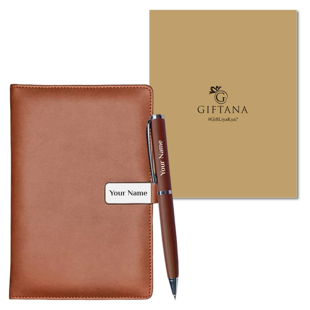 Giftana Personalized Notebook Diary with Pen Gift Set for Men and Women, 2 in 1 Customized Office Diaries A5 Size Notebook, Diwali Gifts, Personalised New Year Corporate Gifts for Employees (Tan)
