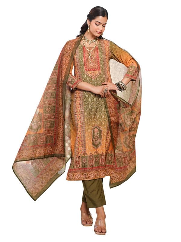 Vaamsi Women's Olive Rayon Printed Straight Kurta Pants With Dupatta Set | Festive Straight Kurta Set For Women | Printed Salwar Suit For Women