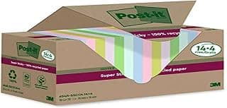 Post-It Super Sticky 100% Recycled Notes, 14+4 FREE Pads/Pack, 70 Sheets Per Pad, 76mm x 76mm, Pink, Green, Blue, Purple, Yellow - Extra Strong Sticky Notes Made from 100% Recycled Paper