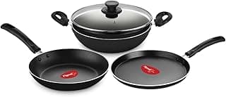 Pigeon Basics Induction Base Non Stick Aluminium Cookware Set, Including Flat Tawa, Kadai with Glass Lid, and Frying Pan (Black)
