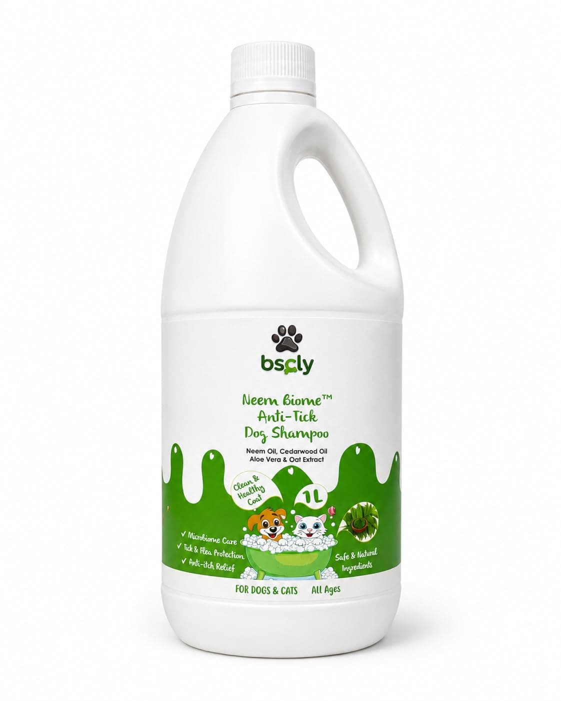 Bscly Neem Dog Shampoo 1000ml | Anti Tick & Flea Shampoo for Dogs | Neem, Aloe & Coconut Oil | Dog Shampoo for Itchy Skin, Hair Fall Control & Soft Shiny Coat | Puppy Safe Pet Shampoo for All Breeds