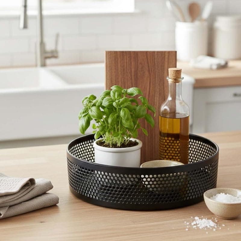 Amazon Brand – Umi Revolving Metal Spice Rack for Kitchen 24Cm | 360° Rotating Sauce Organizer Tray for Jars, Oils, Sauces & Daily Essentials | Mesh Lazy Susan Turntable Countertop Storage Rack –Black