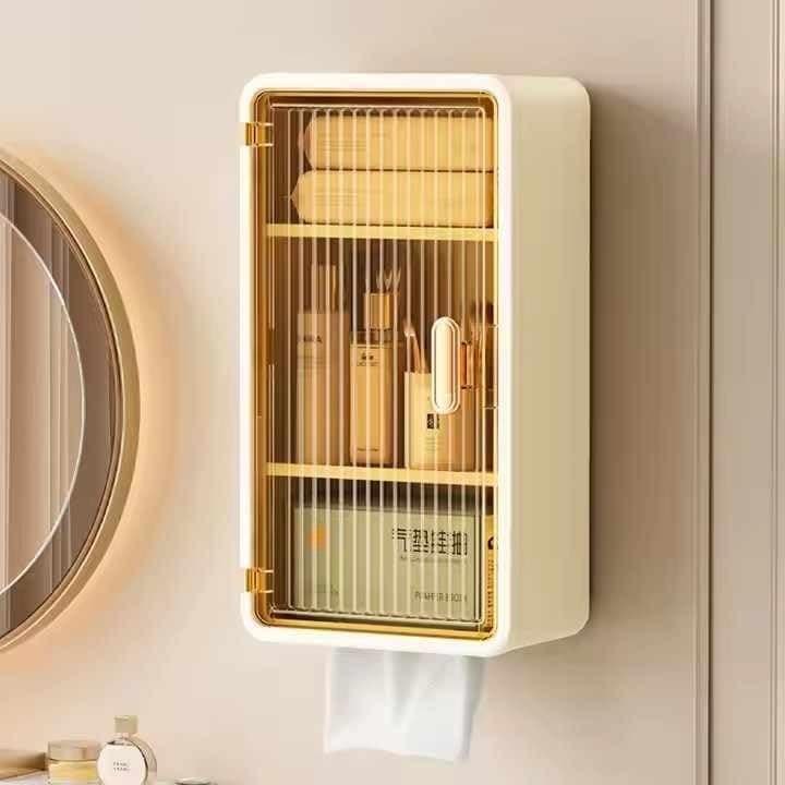 NISHIV Plastic Bathroom Storage Organizer with Transparent Window & Waterproof Lid Multi-Compartment Container for Tissues Toiletries 3-Tier Space-Saving Polished Finish for Home & Bathroom 1 Pcs
