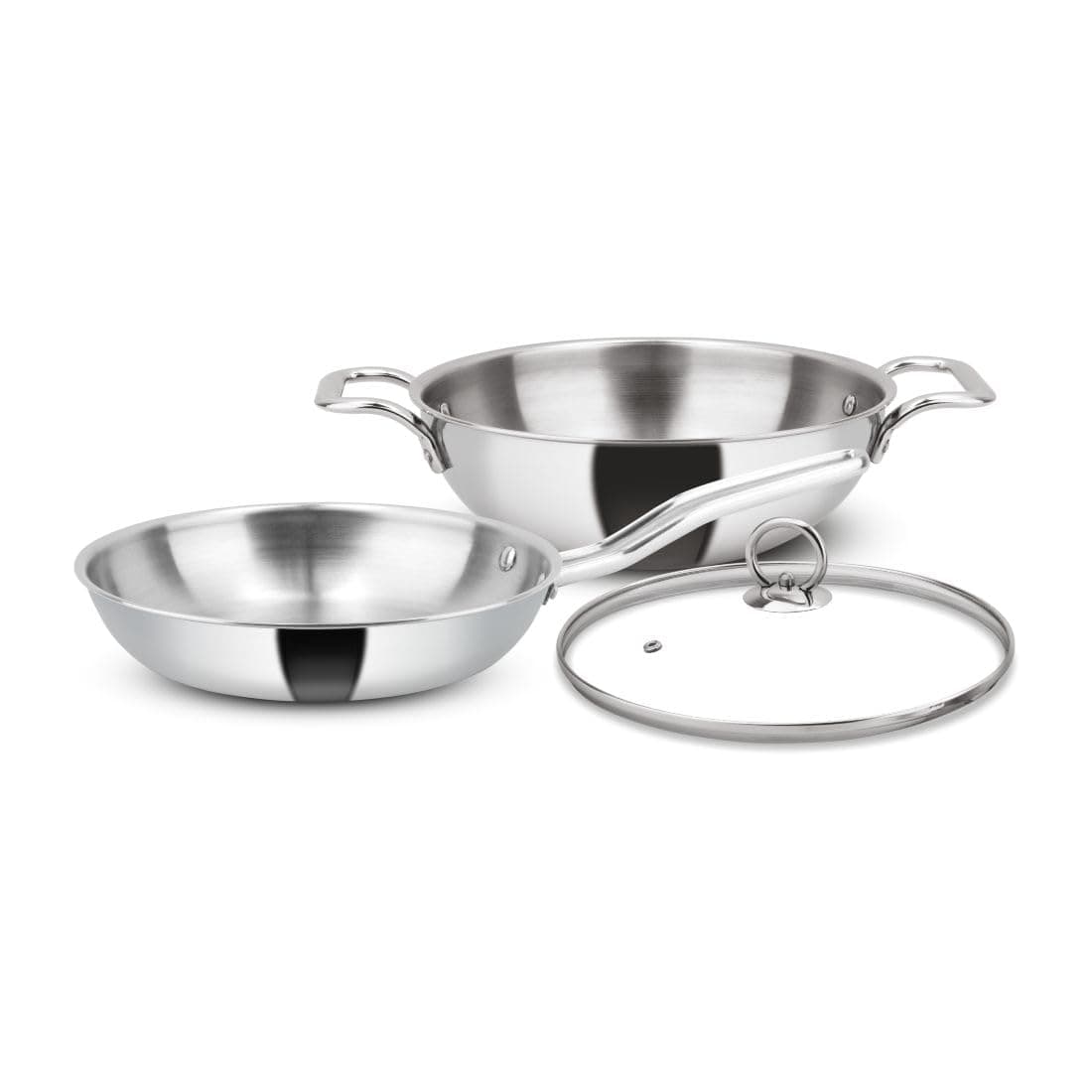 Orange Stainless Steel Triply 3 pc Combo Cookware Set | (Kadai 3ltr, 24cm) & (Fry pan 1.5ltr, 22cm) with Glass lid | Induction Friendly | 2.5mm Thickness | 5Year Warranty | Silver